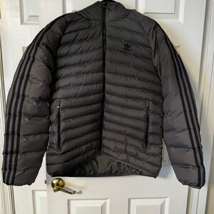 adidas Black Puffer Jacket with Chevron Quilting and Stand-Up Collar
